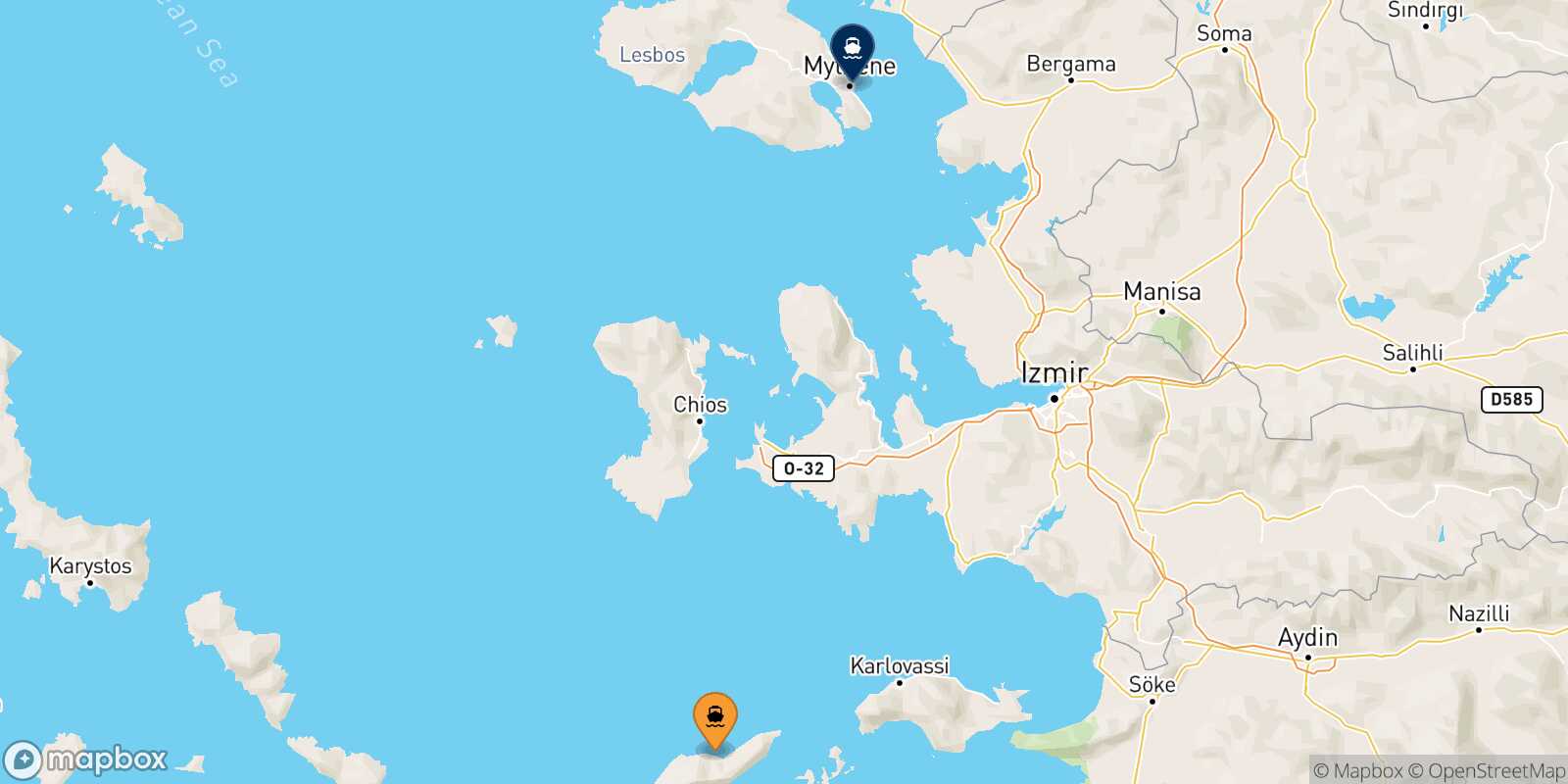 Mapa de la ruta Agios Kirikos (Ikaria) Mytilene (Lesvos)
