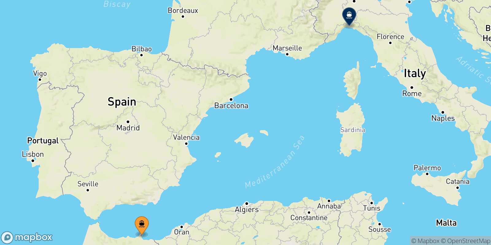 Mapa de la ruta Nador Genova