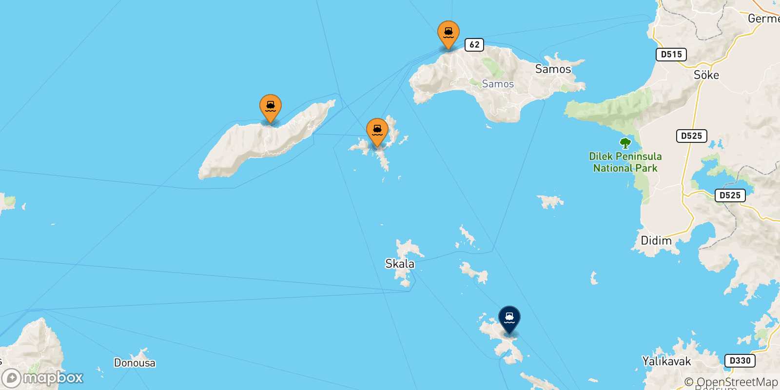 Mapa de las posibles rutas entre Islas Del Egeo y  Leros