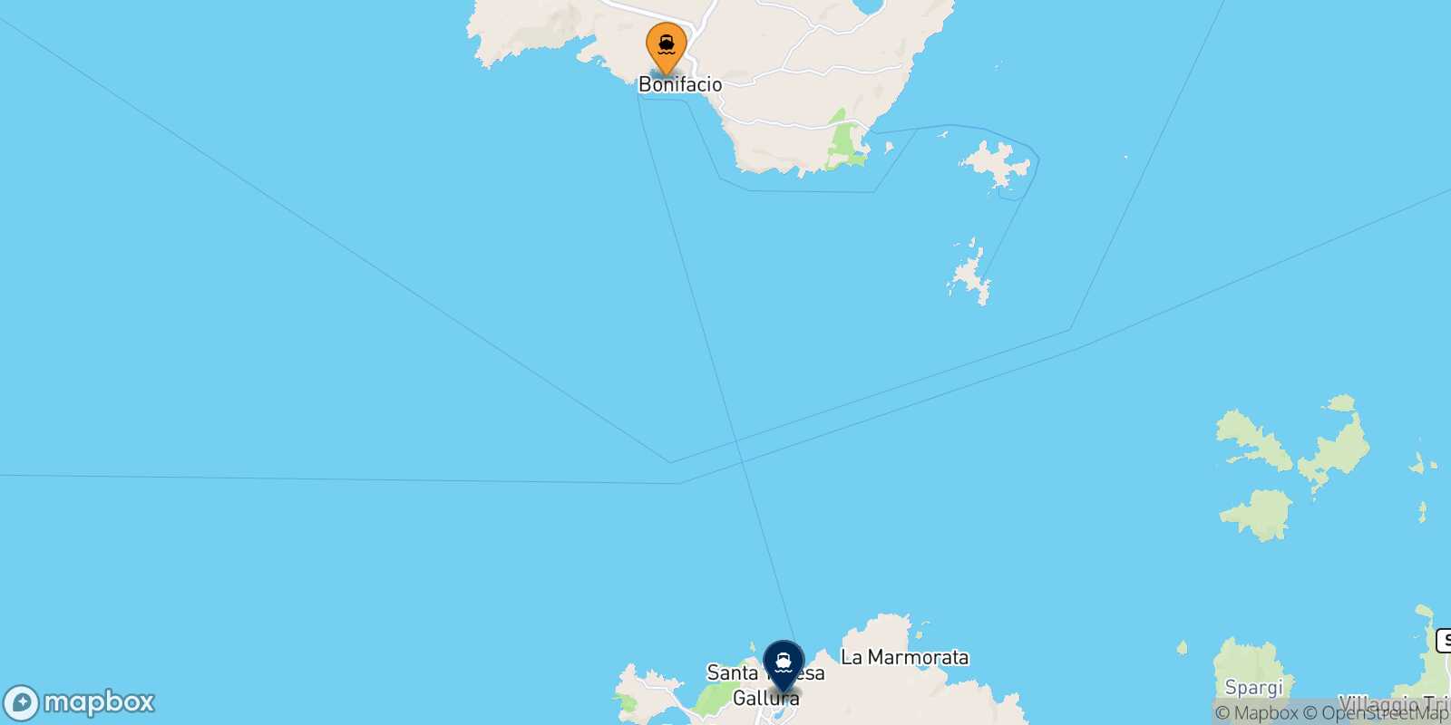 Mapa de los destinos alcanzables de Bonifacio