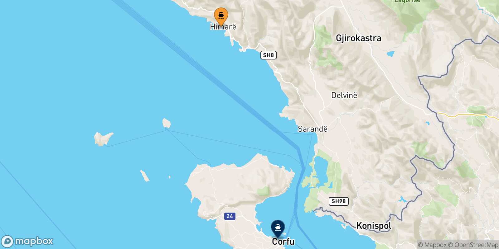 Mapa de la ruta Himare Corfu