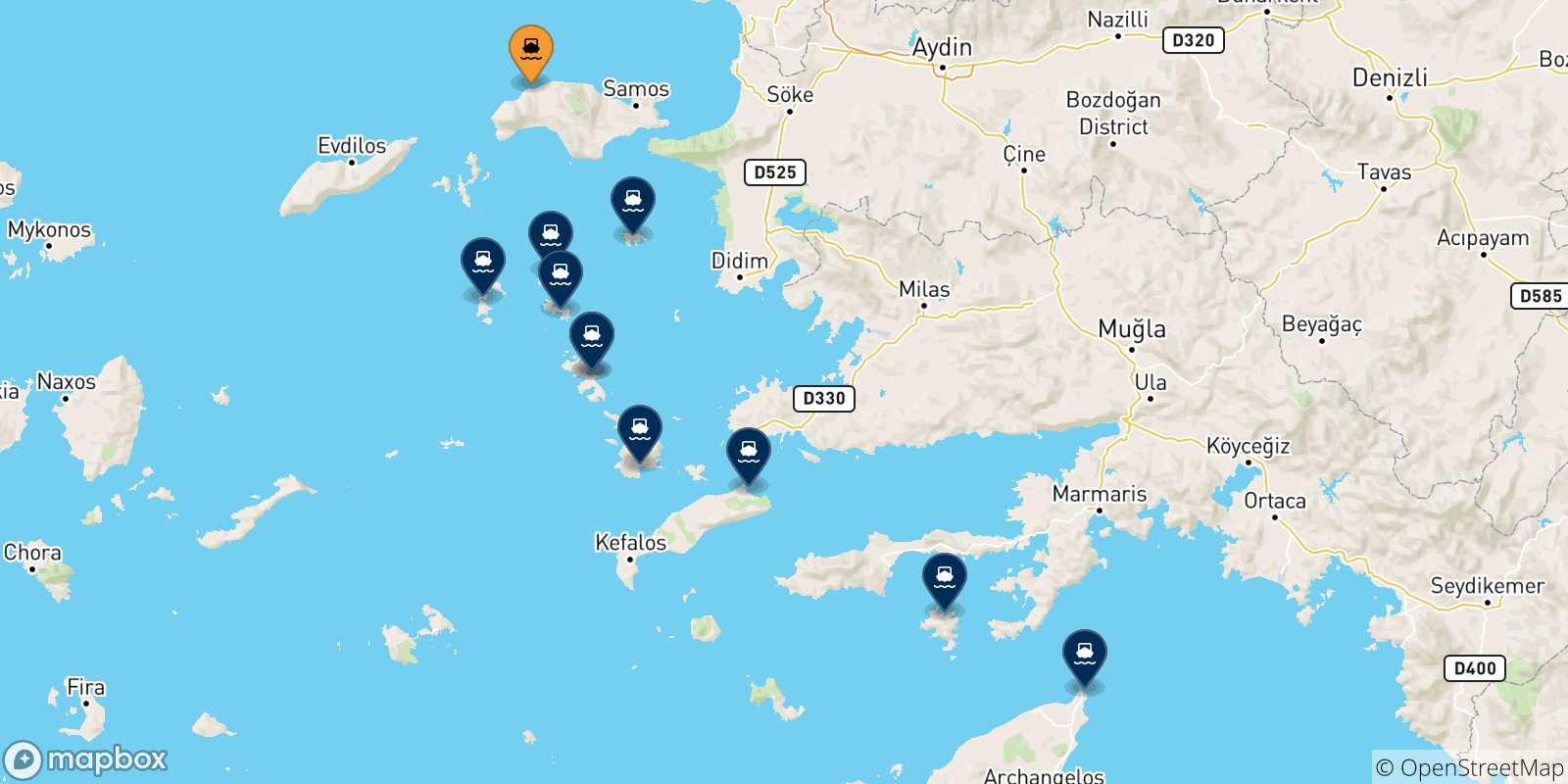 Mapa de las posibles rutas entre Pythagorio (Samos) y  Dodecaneso
