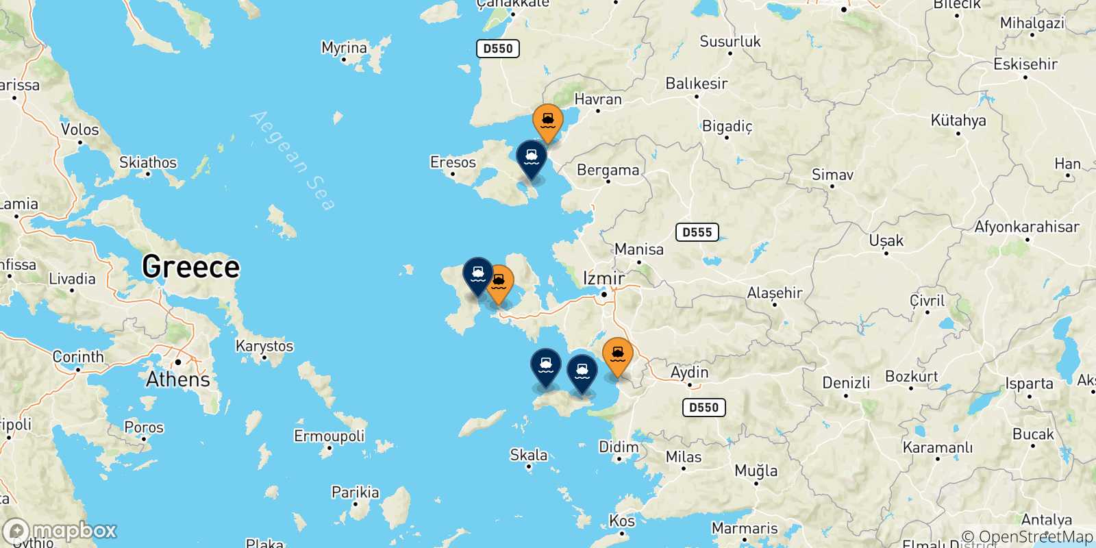 Mapa de las posibles rutas entre Turquía y  Islas Del Egeo