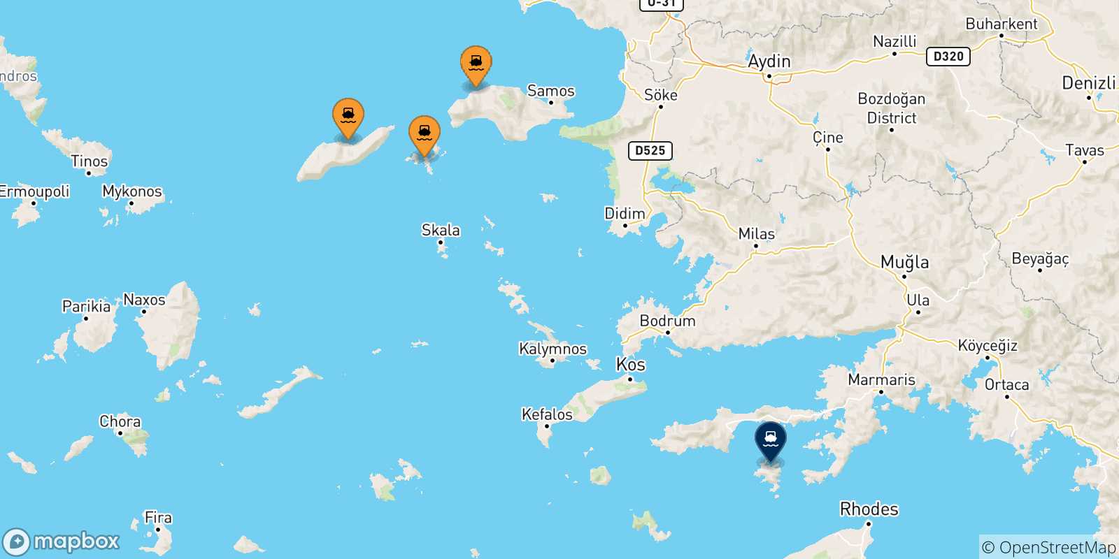 Mapa de las posibles rutas entre Islas Del Egeo y  Symi