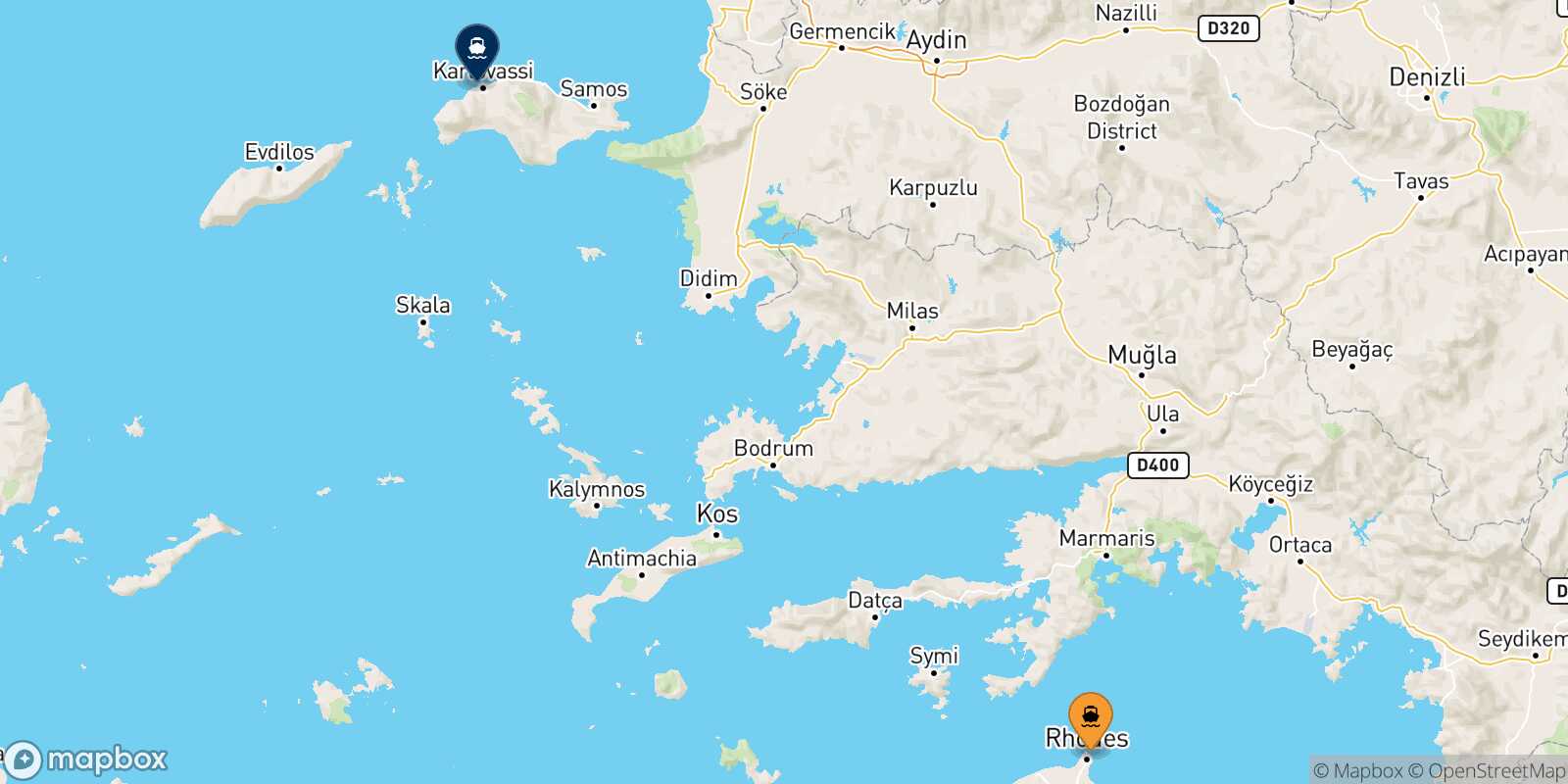 Mapa de la ruta Rodas Pythagorio (Samos)