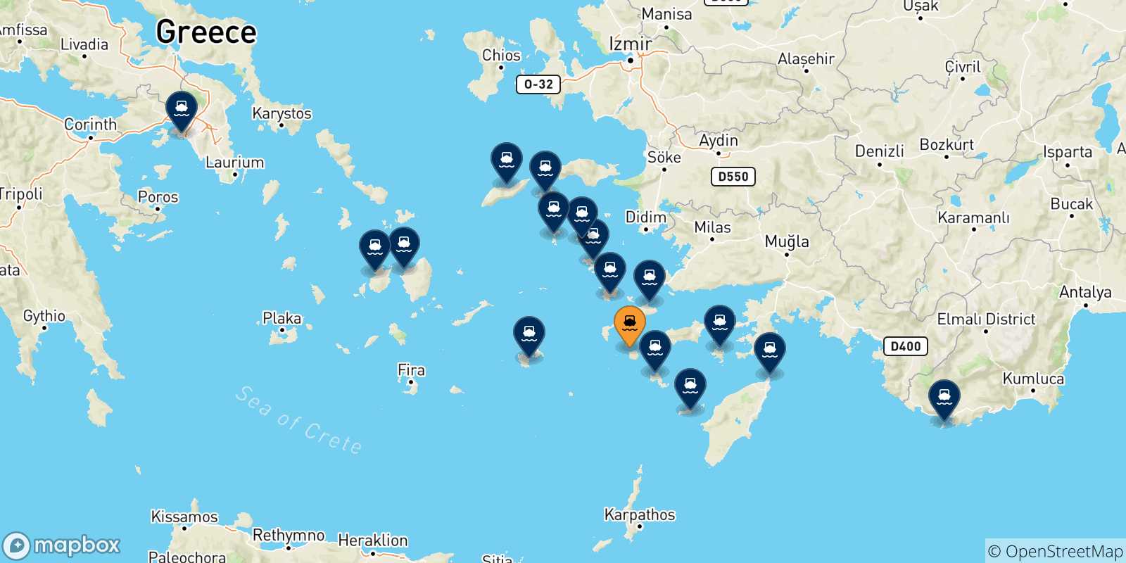 Mapa de las posibles rutas entre Nisyros y  Grecia