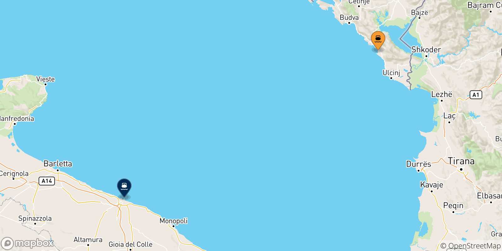 Mapa de las posibles rutas entre Bar y  Italia