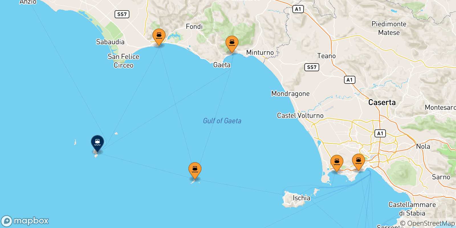 Mapa de las posibles rutas entre Italia y  Ponza