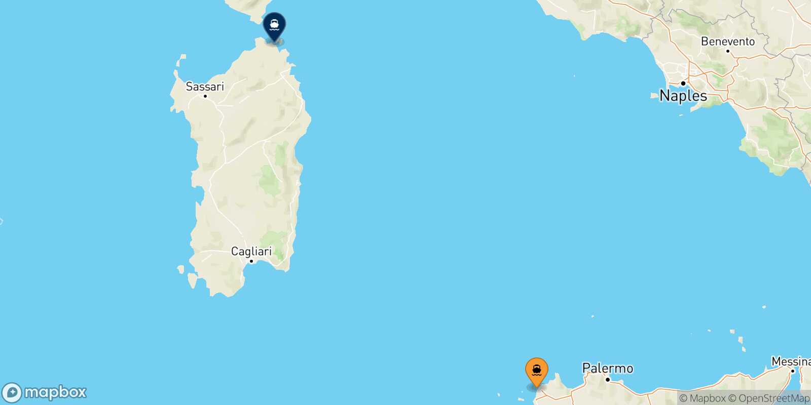 Mapa de los puertos conectados con  Golfo Aranci