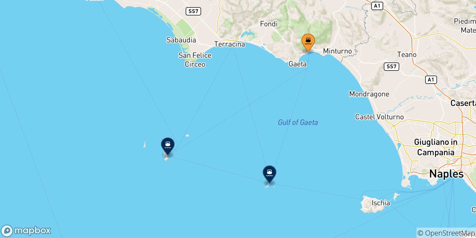 Mapa de las posibles rutas entre Formia y  Islas Pontinas