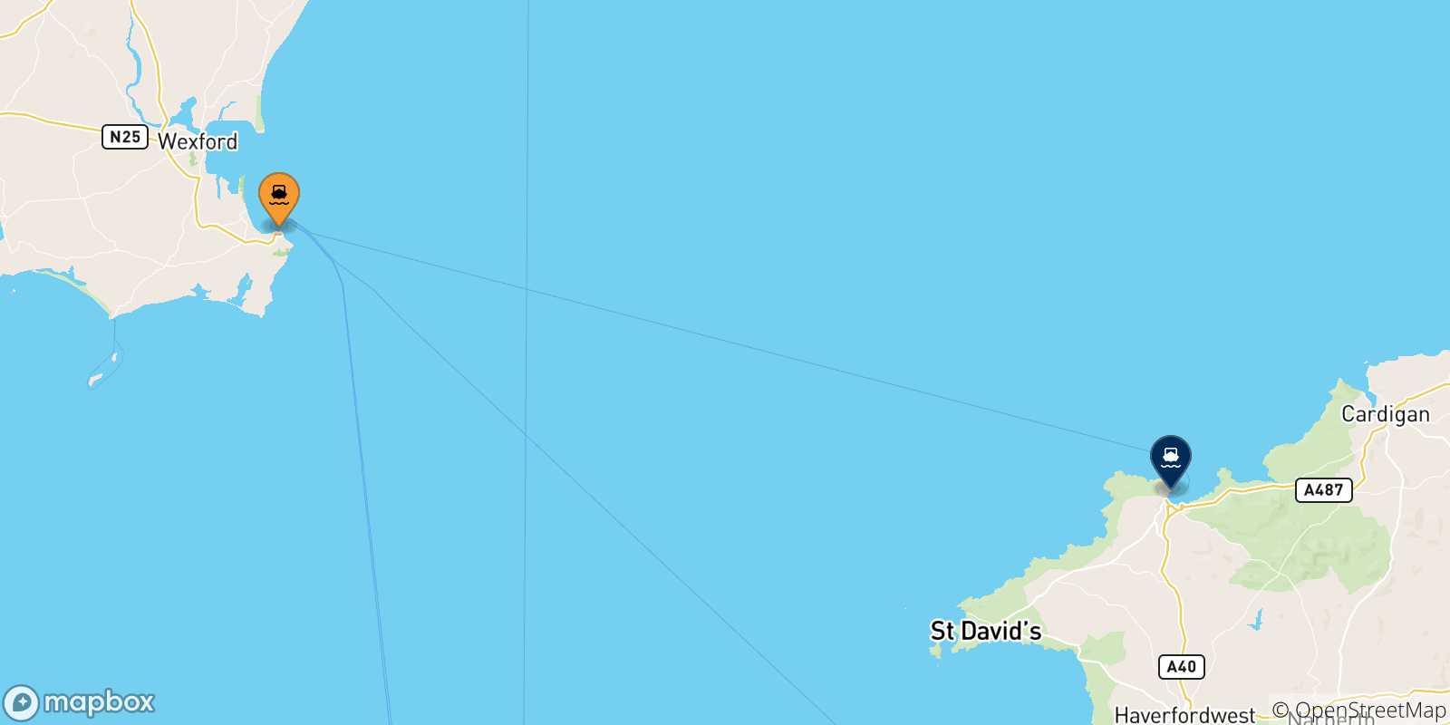 Mapa de las posibles rutas entre Irlanda y  Fishguard
