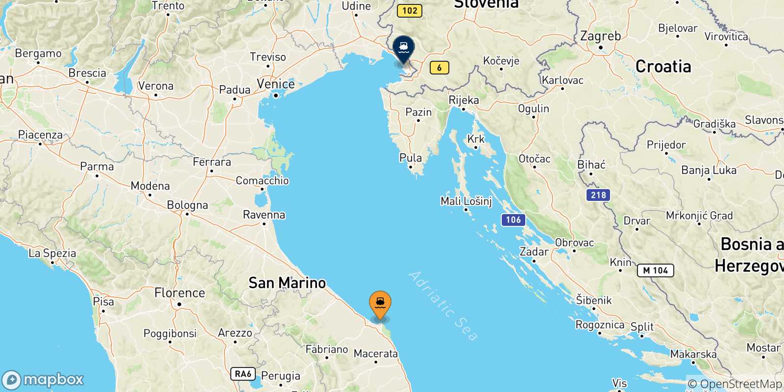 Mapa de las posibles rutas entre Italia y  Trieste