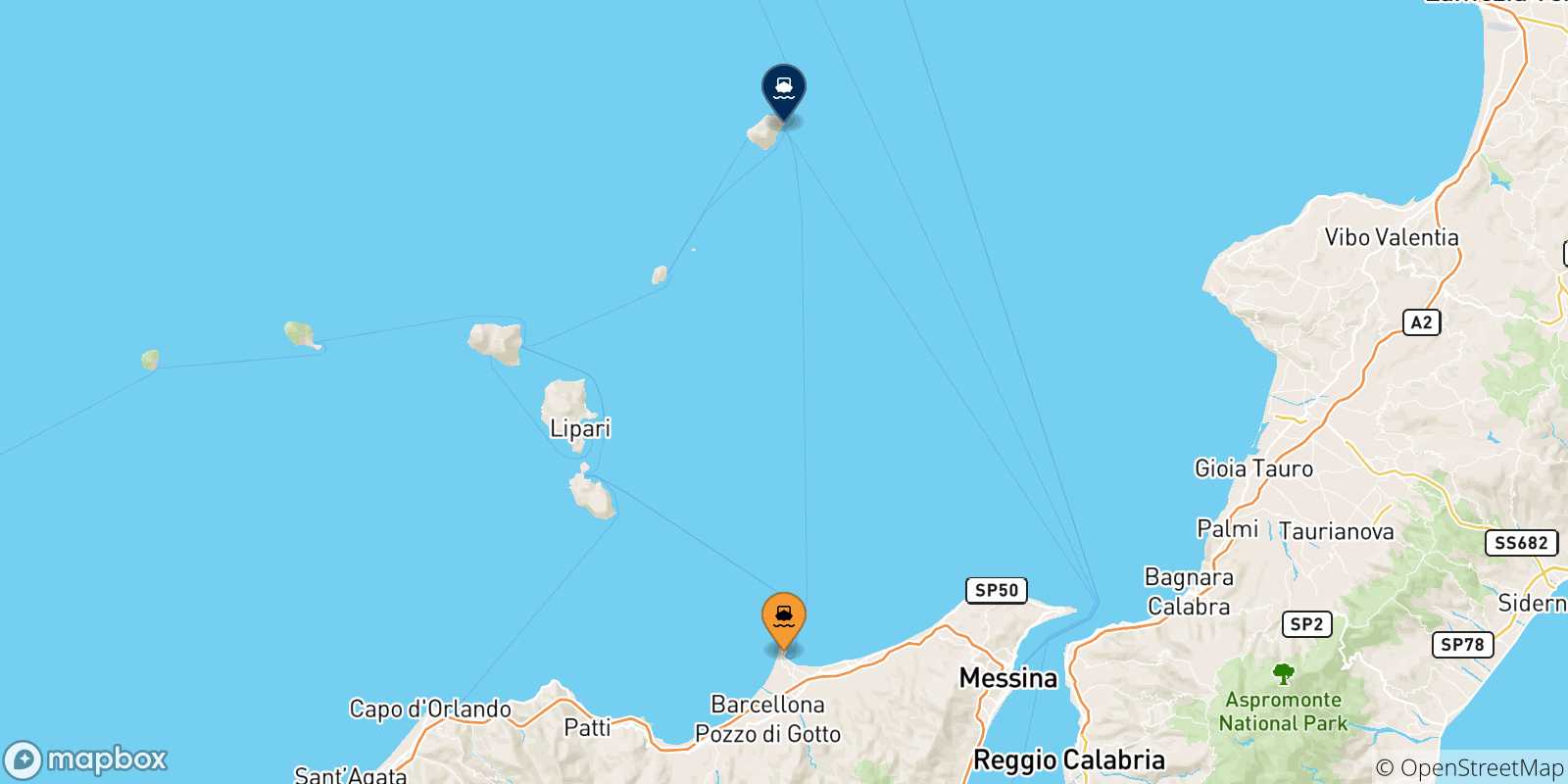 Mapa de las posibles rutas entre Sicilia y  Stromboli