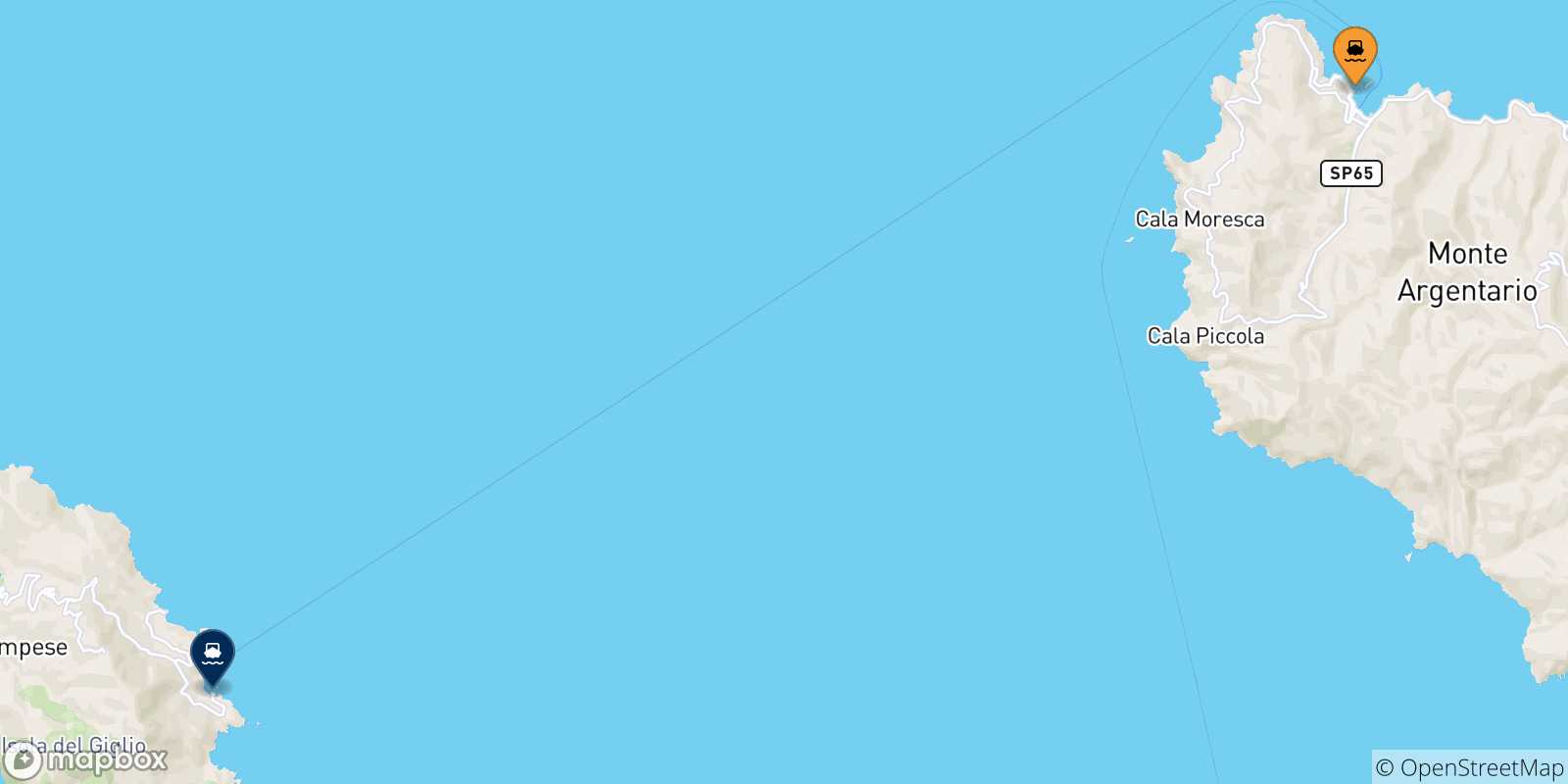 Mapa de las posibles rutas entre Italia y  Isla Del Giglio