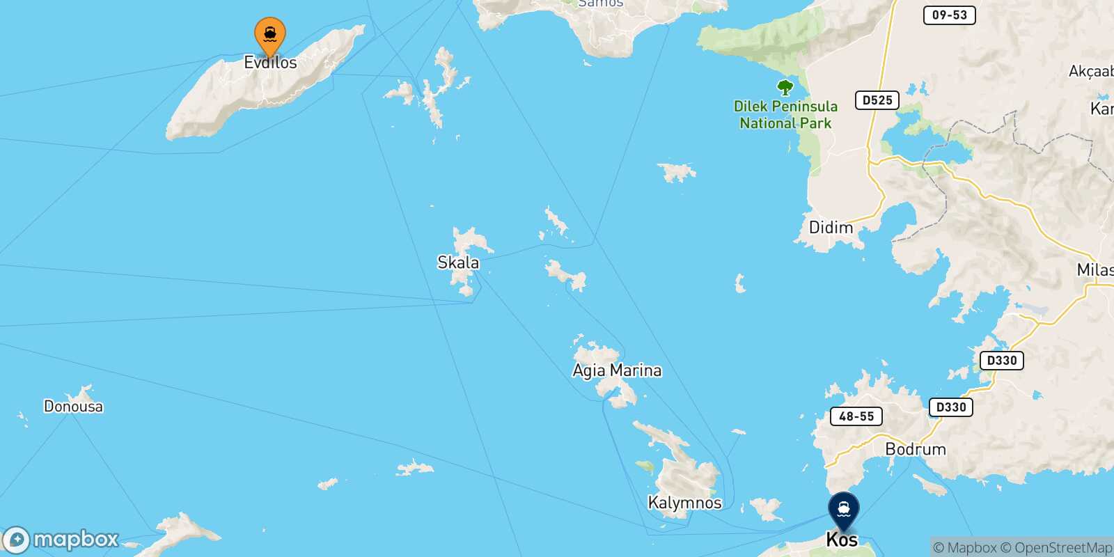 Mapa de la ruta Evdilos (Ikaria) Kos