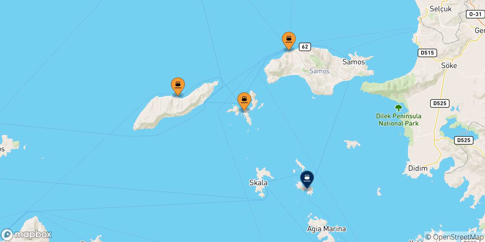 Mapa de las posibles rutas entre Islas Del Egeo y  Lipsi