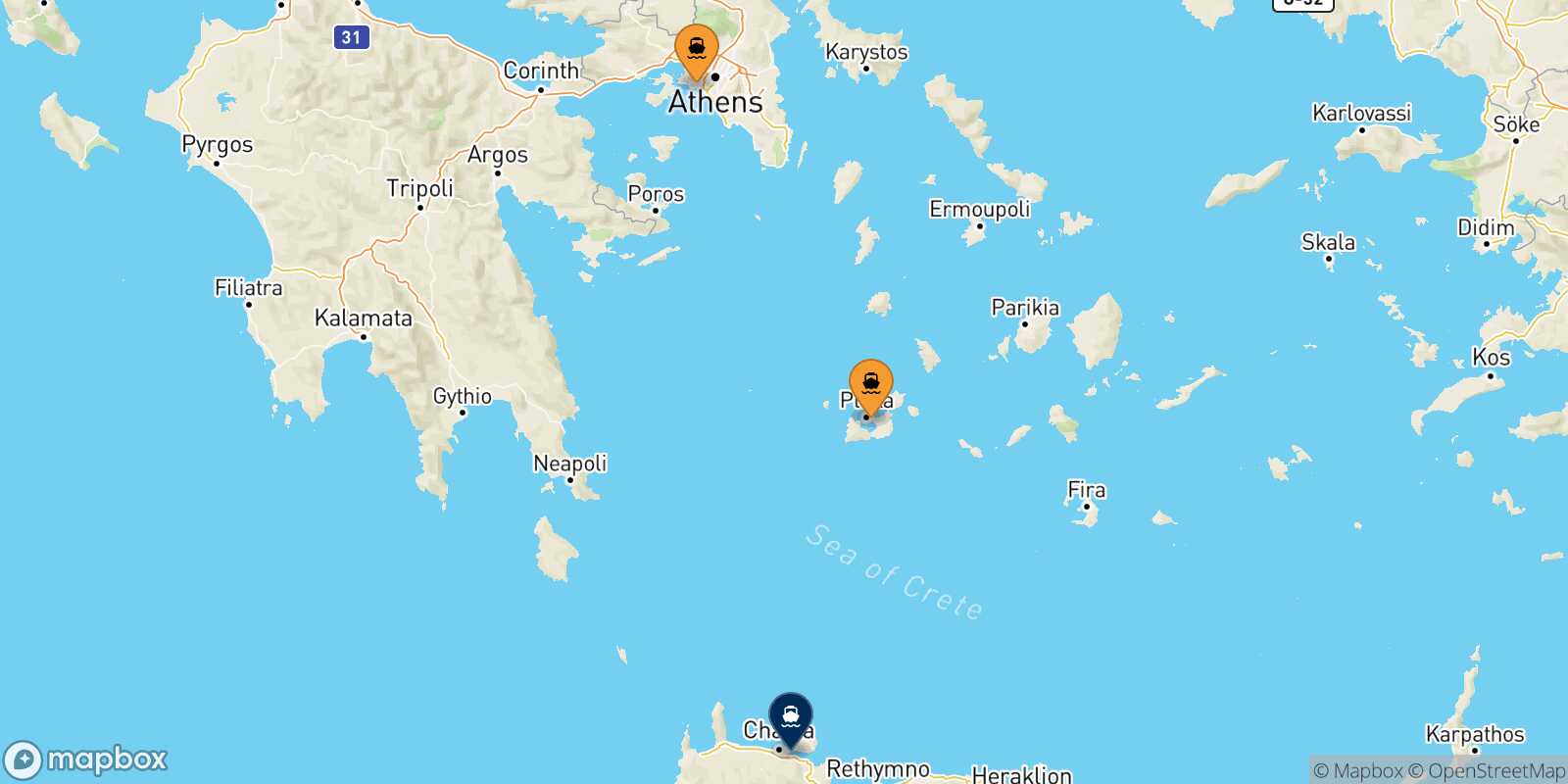 Mapa de los puertos conectados con  Chania