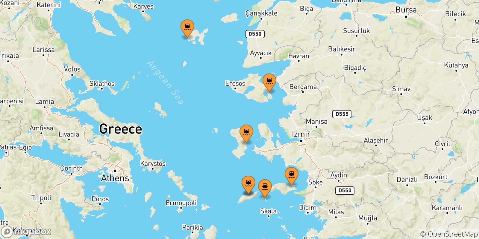 Mapa de las posibles rutas entre Islas Del Egeo y  Karlovassi (Samos)