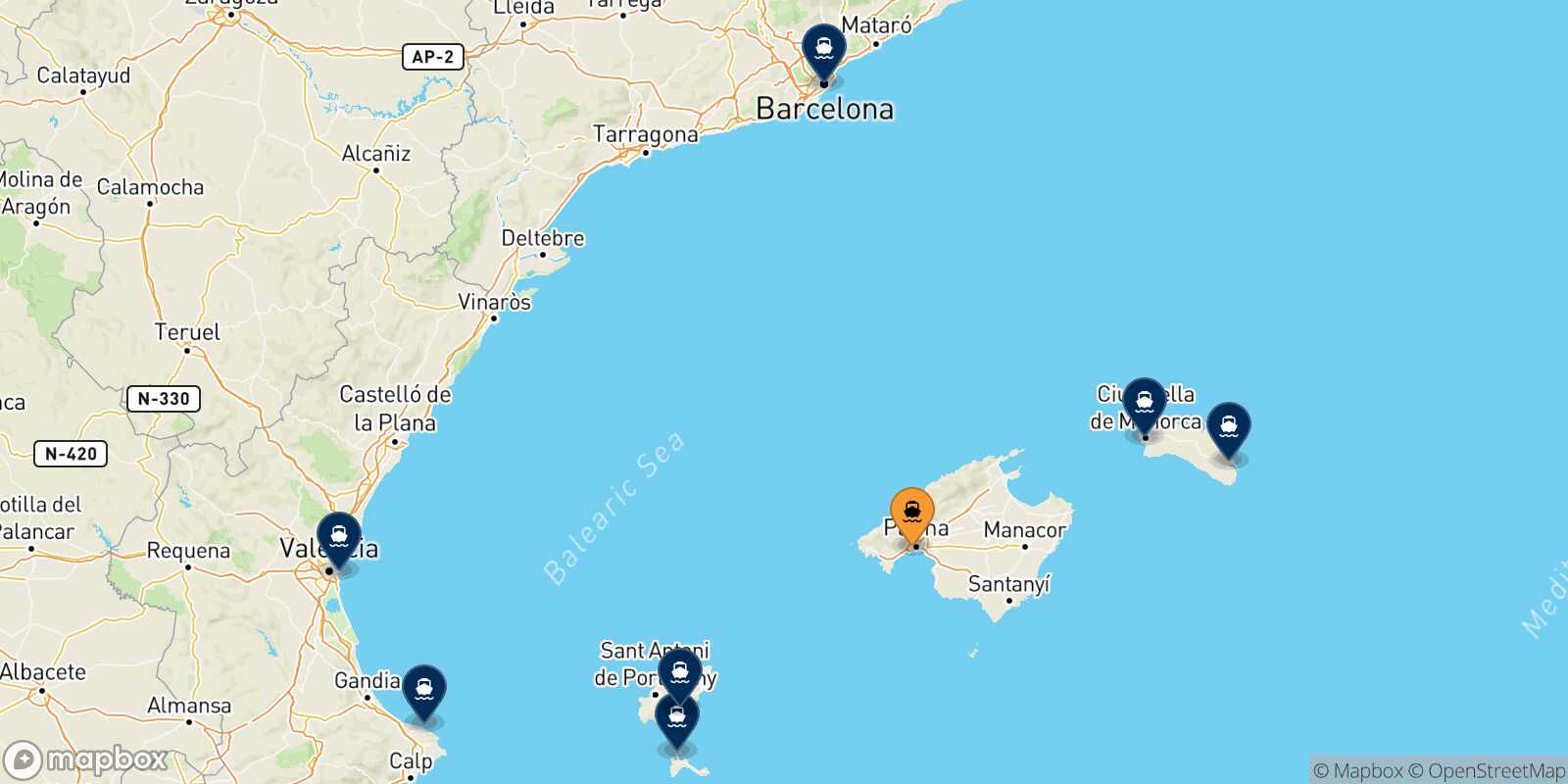 Mapa de los destinos alcanzables de Palma De Mallorca