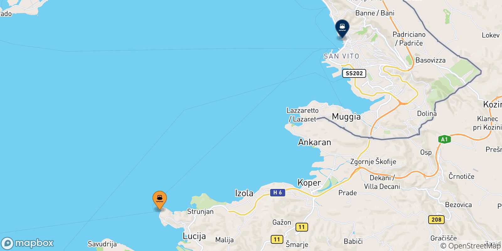 Mapa de las posibles rutas entre Piran y  Italia