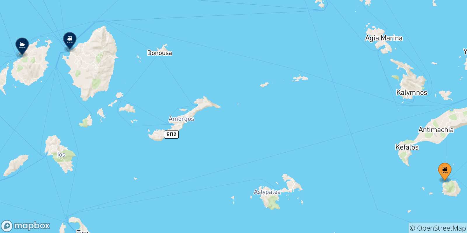Mapa de las posibles rutas entre Nisyros y  Las Cicladas