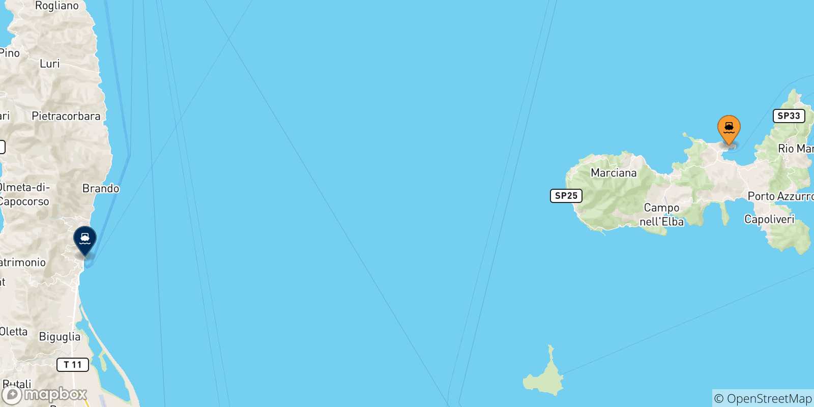 Mapa de las posibles rutas entre Isla De Elba y  Francia