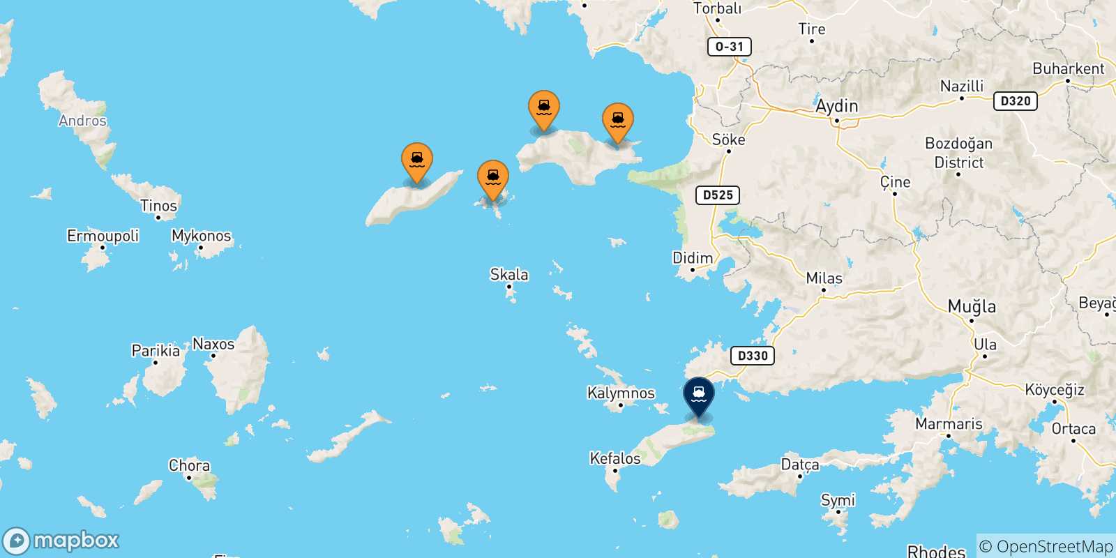 Mapa de las posibles rutas entre Islas Del Egeo y  Kos