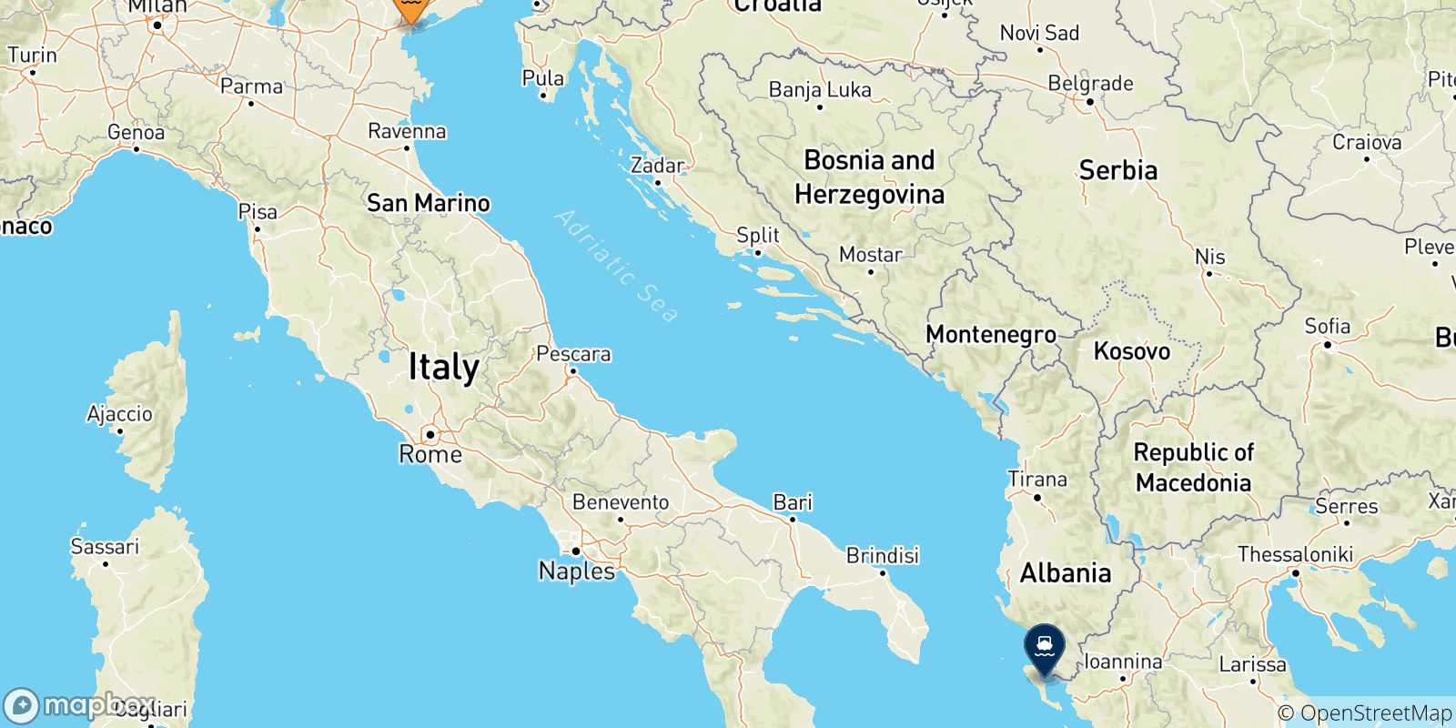 Mapa de las posibles rutas entre Venecia y  Islas Jonicas