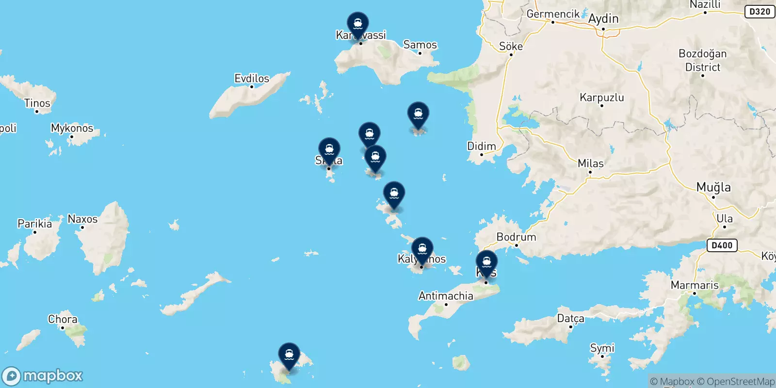 Mapa de los destinos A.n.e.kalymnoy